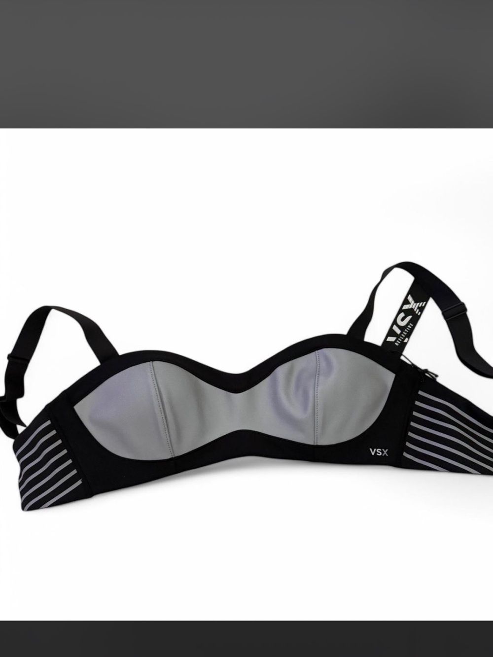 VSX Black and Gray Padded Sports Bra with Striped Side Panels